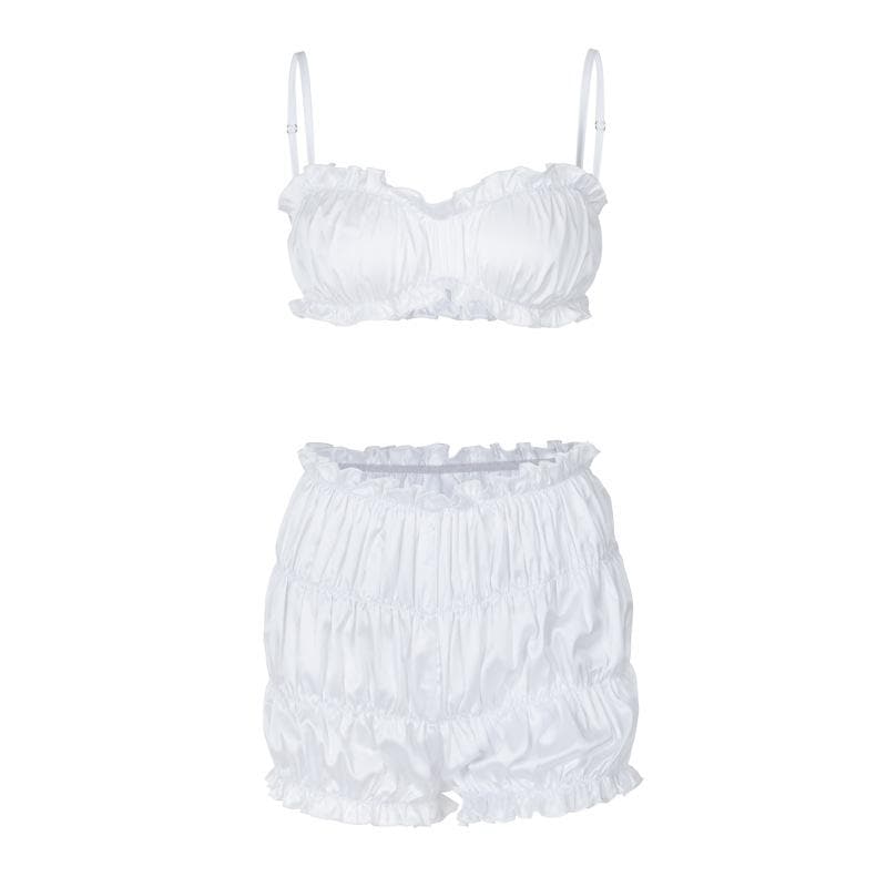 Dreamy Silky Ruched Cami Top & Bubble Shorts Set – Luxe Loungewear for Cozy Fall Evenings