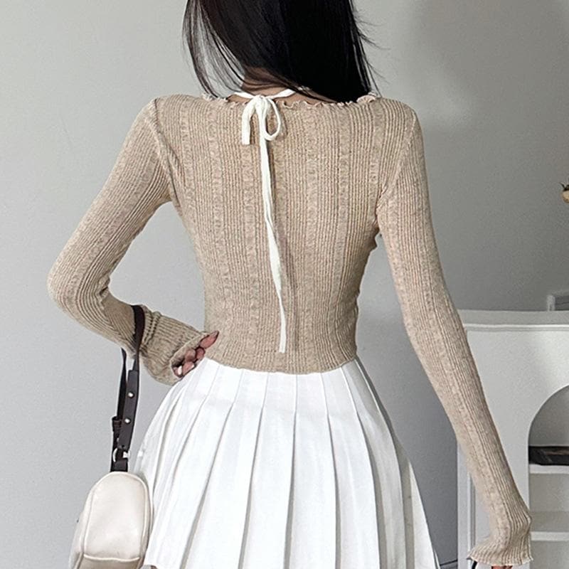 Autumn Coquette Ribbed Knit Crop Top: Layered Halter, Ruffles & Bows