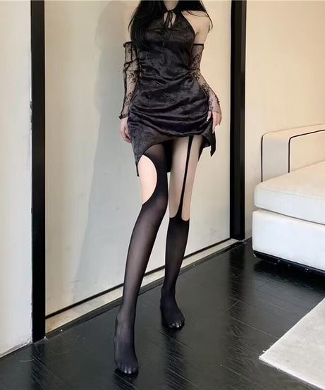Edgy Two-Tone Illusion Cut-Out Tights | Fall & Halloween Fashion Statement