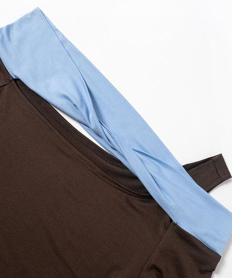 Effortless Chic Asymmetric Off-Shoulder Long Sleeve Top - Trendy Fall Contrast Panel