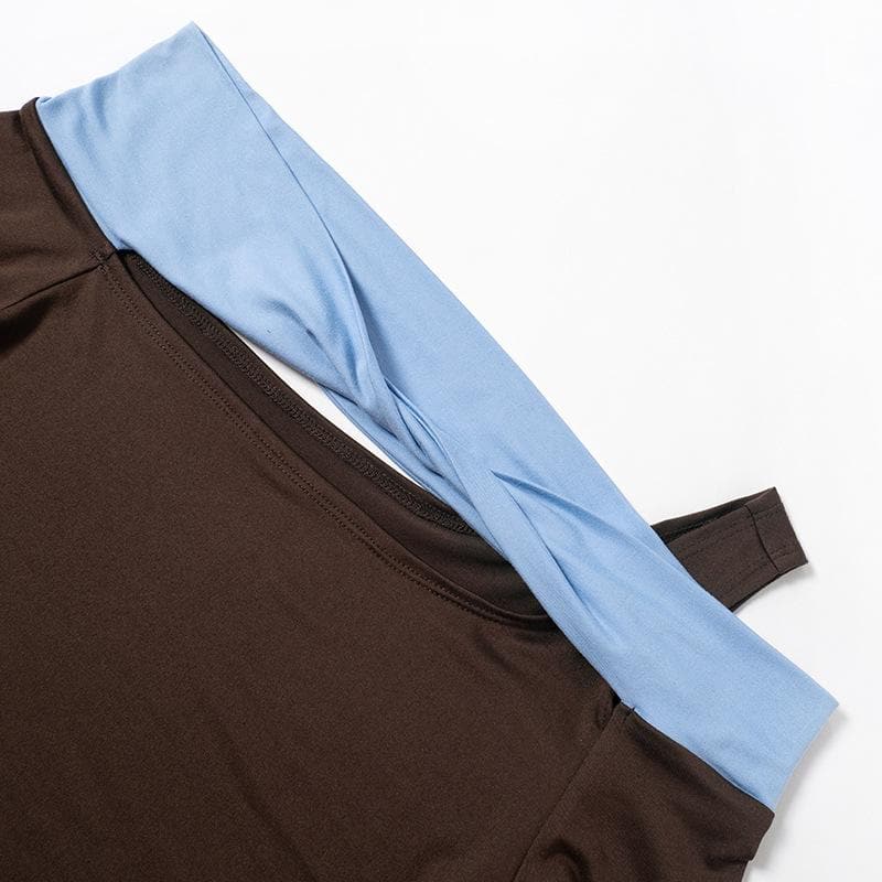 Effortless Chic Asymmetric Off-Shoulder Long Sleeve Top - Trendy Fall Contrast Panel