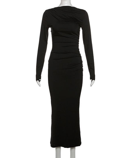 Effortless Chic: Black Ruched Long Sleeve Maxi Dress - Fall & Holiday Style