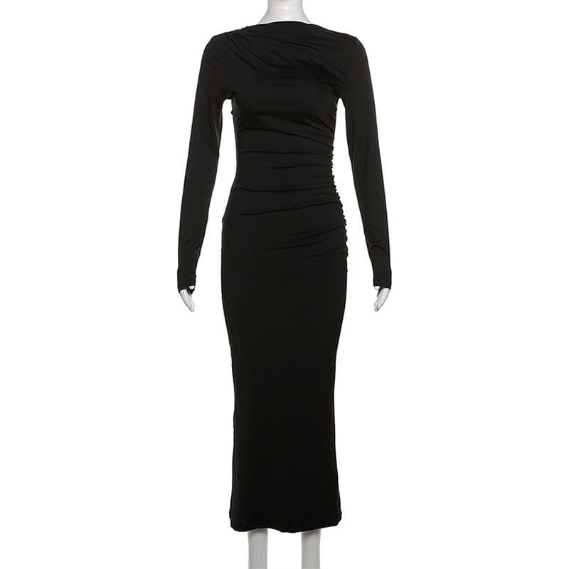 Effortless Chic: Black Ruched Long Sleeve Maxi Dress - Fall & Holiday Style