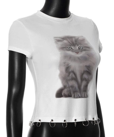 Sassy Feline O-Ring Baby Tee - Fall Trendy Short Sleeve Top