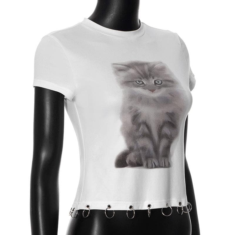 Sassy Feline O-Ring Baby Tee - Fall Trendy Short Sleeve Top