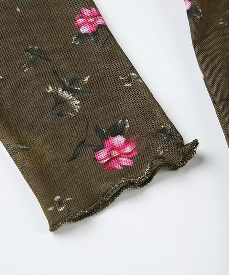 Trendy Floral Mesh Ruffle Crop Top - Sheer Long Sleeve for Fall Layering