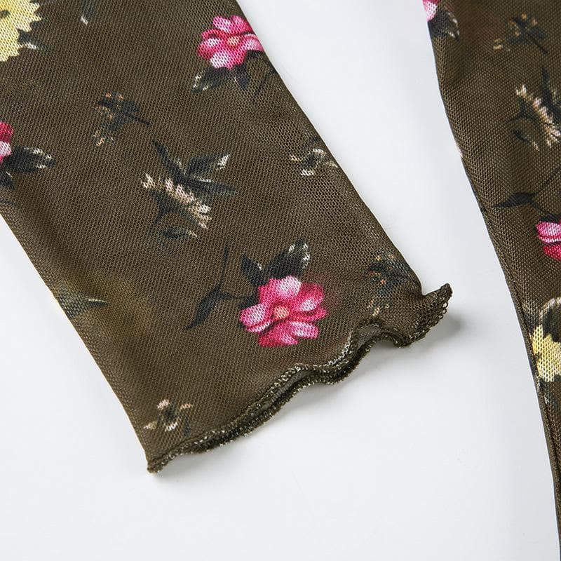 Trendy Floral Mesh Ruffle Crop Top - Sheer Long Sleeve for Fall Layering