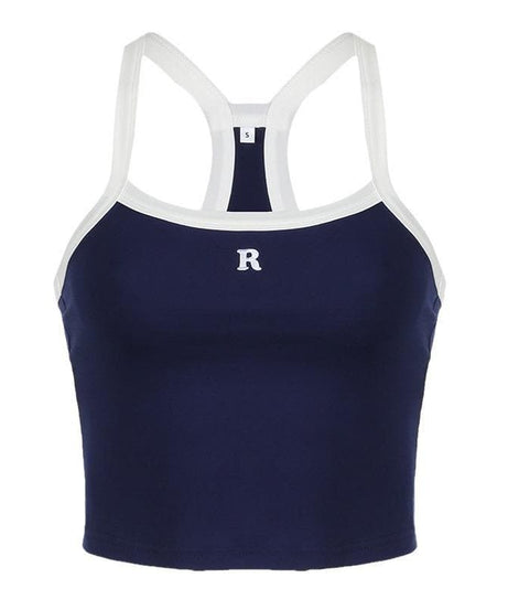 Cozy Chic Navy Racerback Crop Top with 'R' Logo - Fall Athleisure & Layering Essential