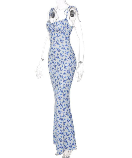 Chic Blue Floral Tie-Shoulder Maxi Dress - Elegant Mermaid Hem for Fall Events & Tropical Getaways