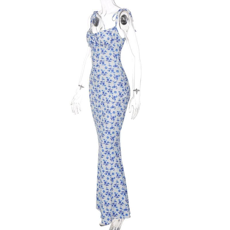 Chic Blue Floral Tie-Shoulder Maxi Dress - Elegant Mermaid Hem for Fall Events & Tropical Getaways