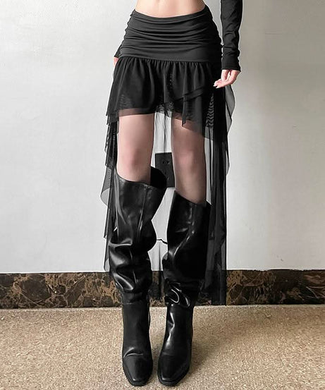 Dramatic Gothic High-Low Mesh Skirt - Fall Edgy Ruffle Maxi for Halloween