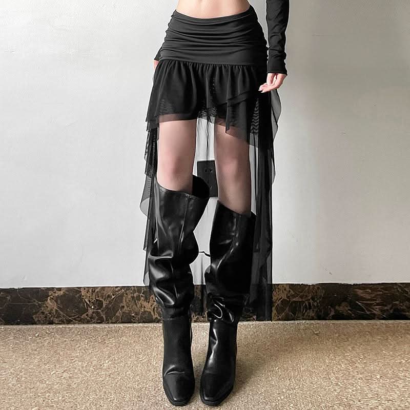 Dramatic Gothic High-Low Mesh Skirt - Fall Edgy Ruffle Maxi for Halloween