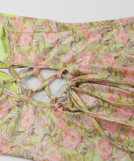 Golden Hour Glam: Autumn Bloom Floral Maxi Dress with Zesty Lime Lace Sweetheart Top