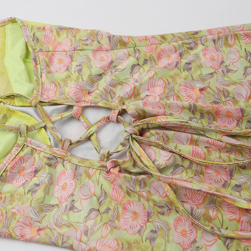 Golden Hour Glam: Autumn Bloom Floral Maxi Dress with Zesty Lime Lace Sweetheart Top