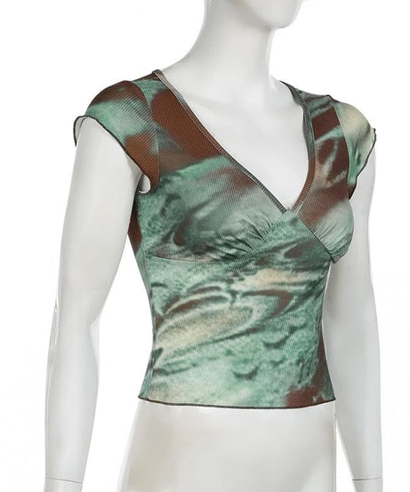 Effortless Fall Chic: Earthy Swirl Ribbed Knit V-Neck Cap Sleeve Top