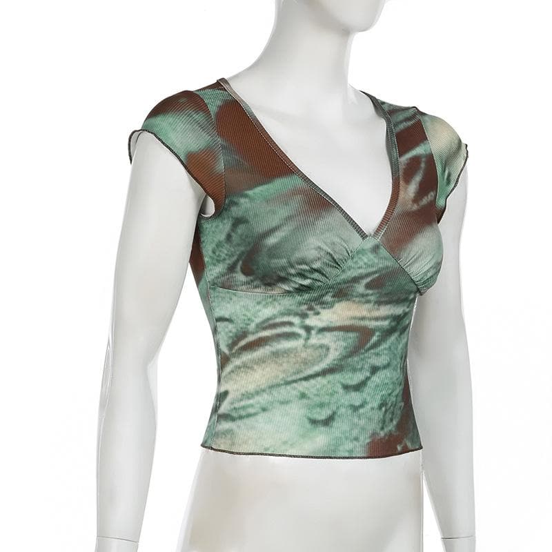 Effortless Fall Chic: Earthy Swirl Ribbed Knit V-Neck Cap Sleeve Top