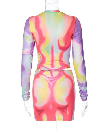 Vibrant Swirl Print Long Sleeve Crop Top & Mini Skirt Set - Y2K Fall Party & Night Out Style