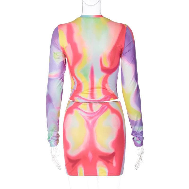 Vibrant Swirl Print Long Sleeve Crop Top & Mini Skirt Set - Y2K Fall Party & Night Out Style