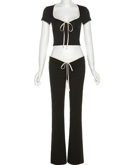 Fall Comfort & Style: Y2K Contrast Tie Crop Top & Flare Pant Lounge Set for Women