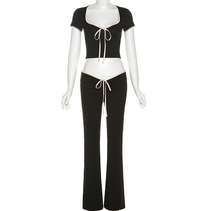 Fall Comfort & Style: Y2K Contrast Tie Crop Top & Flare Pant Lounge Set for Women