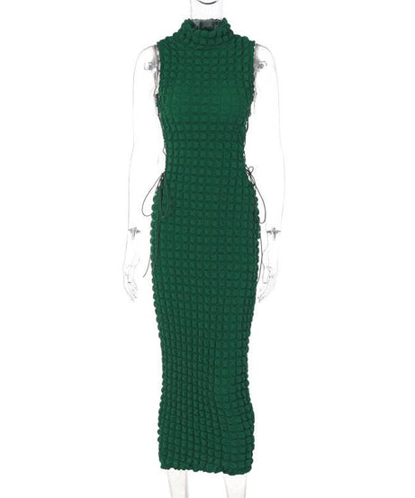 Emerald Elegance: Fall Waffle Knit High Neck Midi Dress with Adjustable Side Lace-Up – Perfect for Holiday Season