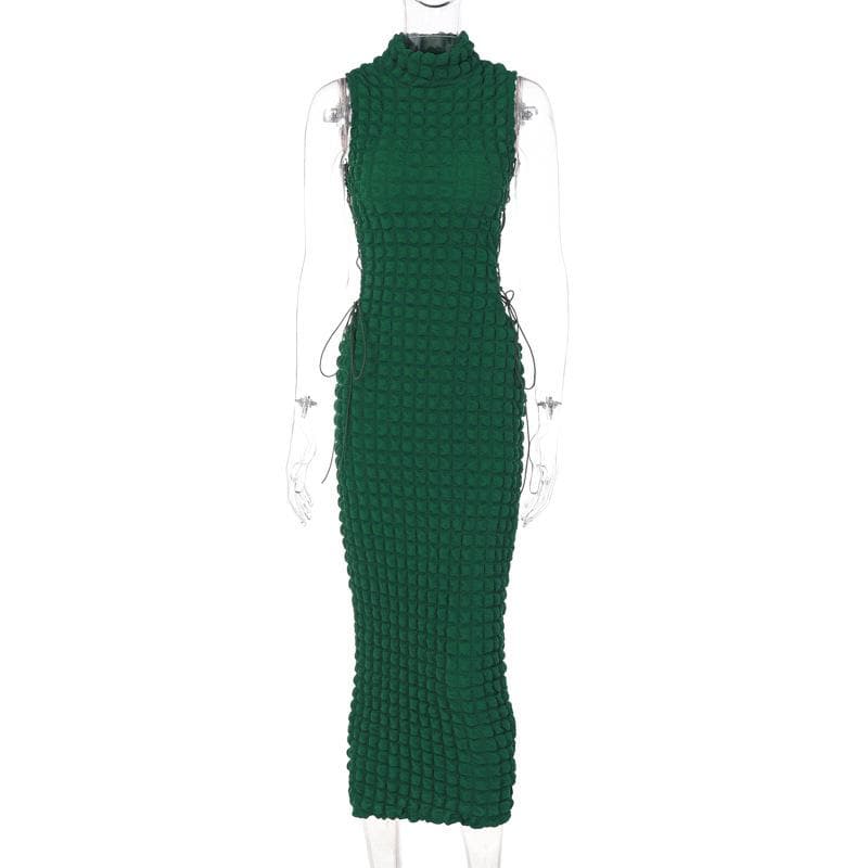 Emerald Elegance: Fall Waffle Knit High Neck Midi Dress with Adjustable Side Lace-Up – Perfect for Holiday Season