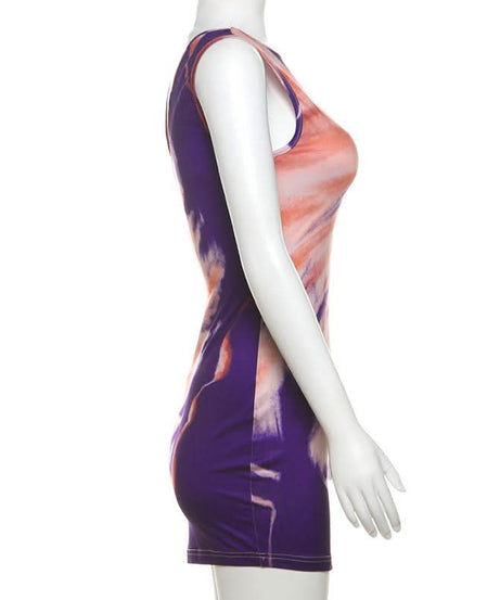 Mystic Hues Abstract Art Bodycon Mini Dress - Sleeveless Fall Statement