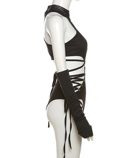 Dare to Thrill: Edgy Black O-Ring Cutout Bodysuit with Fingerless Gloves - Halloween & Club Ready