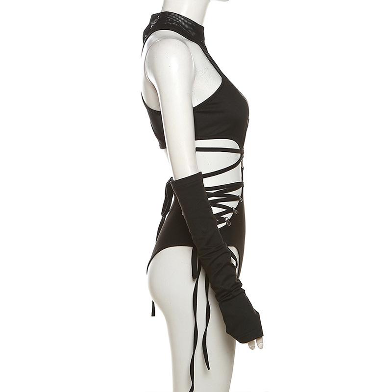 Dare to Thrill: Edgy Black O-Ring Cutout Bodysuit with Fingerless Gloves - Halloween & Club Ready
