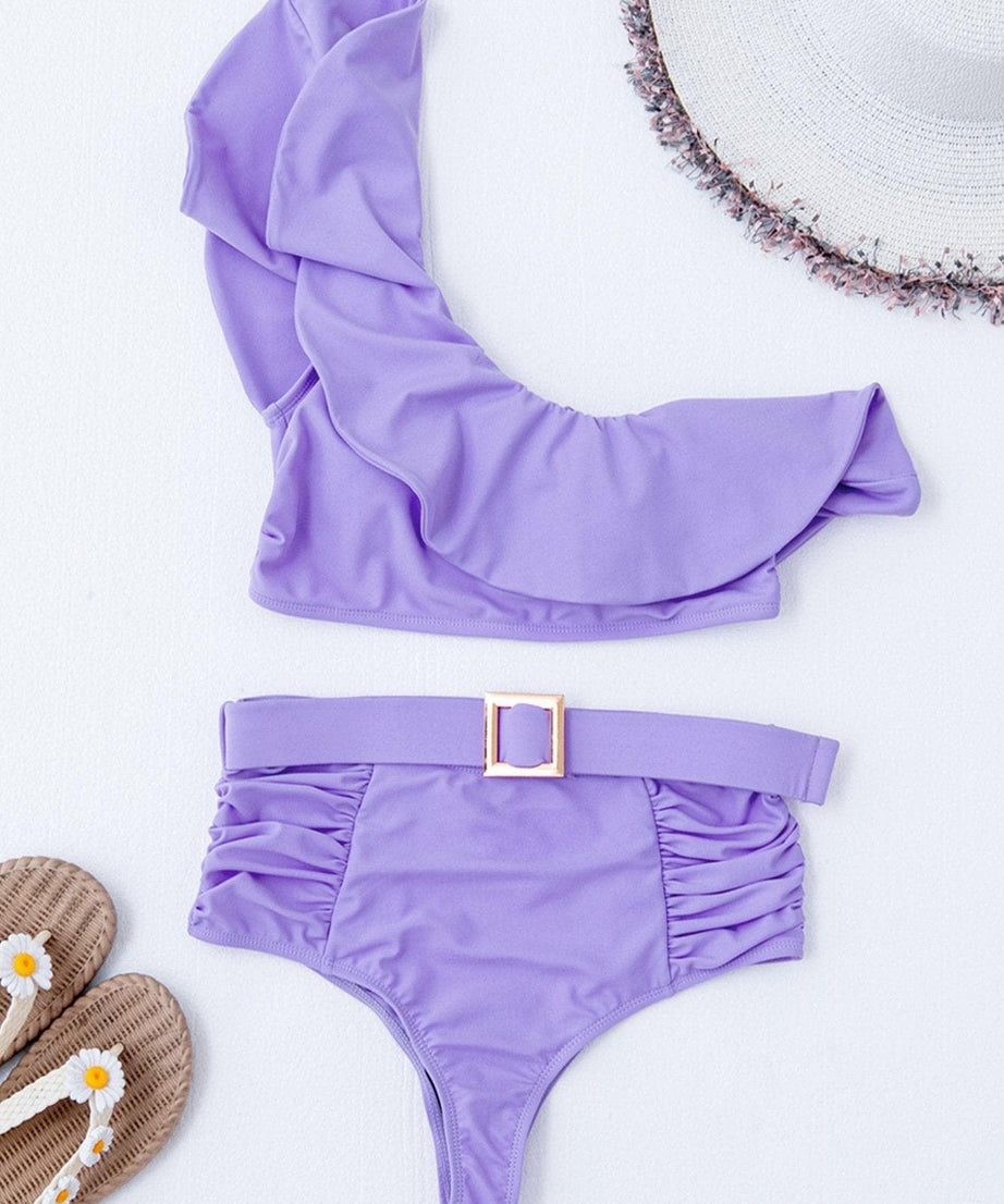 Chic Lilac Ruffle One-Shoulder High-Waist Belted Bikini - Your Next Getaway Essential
