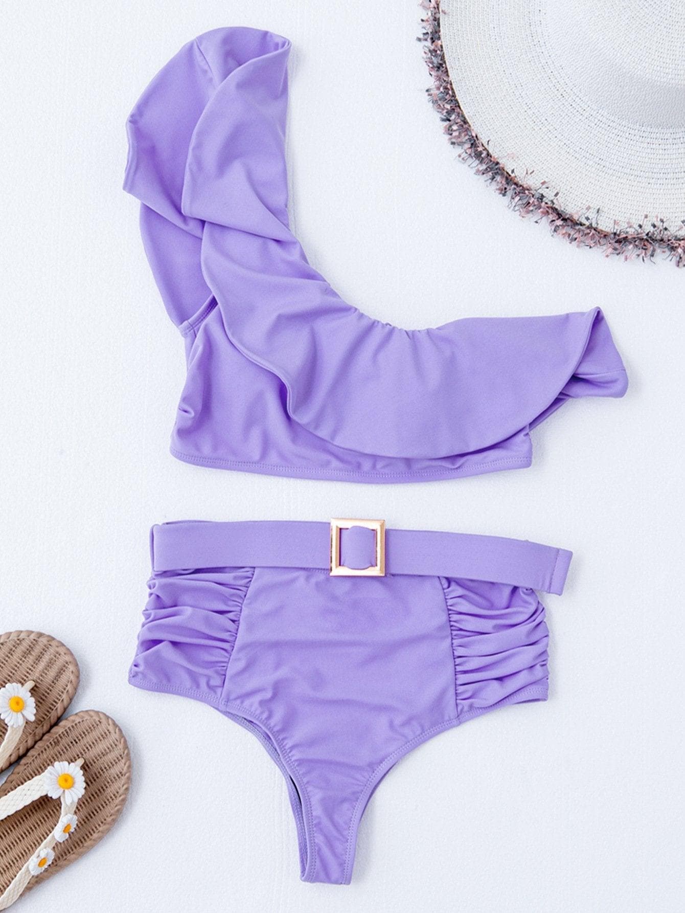 Chic Lilac Ruffle One-Shoulder High-Waist Belted Bikini - Your Next Getaway Essential