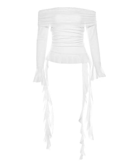 Dreamy Angelic Off-Shoulder Ruffle Tunic Top - Sheer Mesh Long Sleeves for Enchanting Fall Style