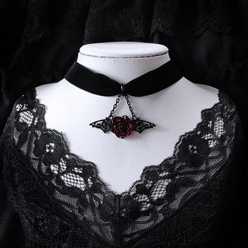 Gothic Vampire Bat Wing & Dark Rose Velvet Choker Necklace - Spooky-Chic Halloween & Fall Fashion for Women