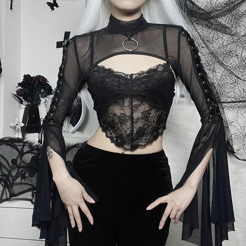 Mesmerizing Black Mesh O-Ring Shrug | Edgy Lace-Up Bell Sleeve Bolero for Fall & Halloween