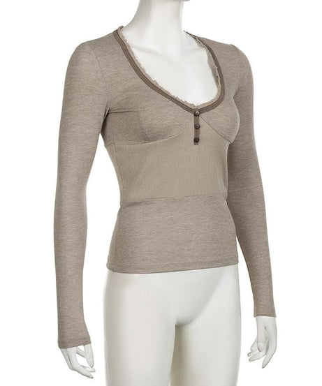 Fall Chic Ribbed Henley Long Sleeve Top | Lace Trim, Thumbholes & Flattering Fit