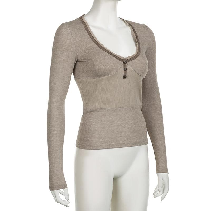 Fall Chic Ribbed Henley Long Sleeve Top | Lace Trim, Thumbholes & Flattering Fit