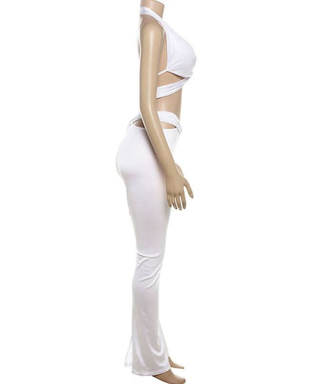 Chic White Twist Halter Crop Top & Flare Pant Set - Holiday Glam & Resort Ready