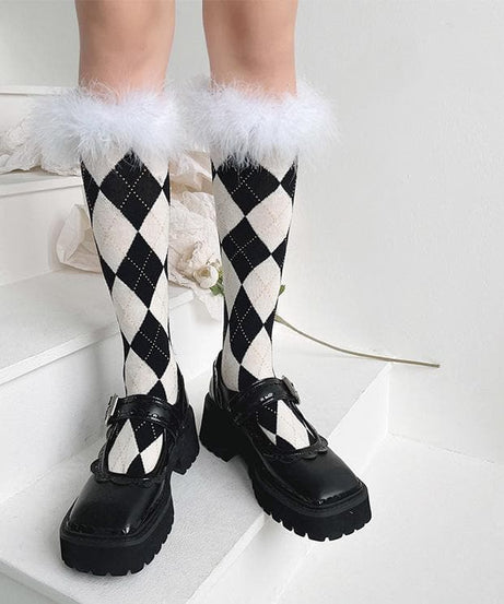 Cozy Chic Argyle Knee-High Socks with Faux Feather Trim | Fall & Holiday Style