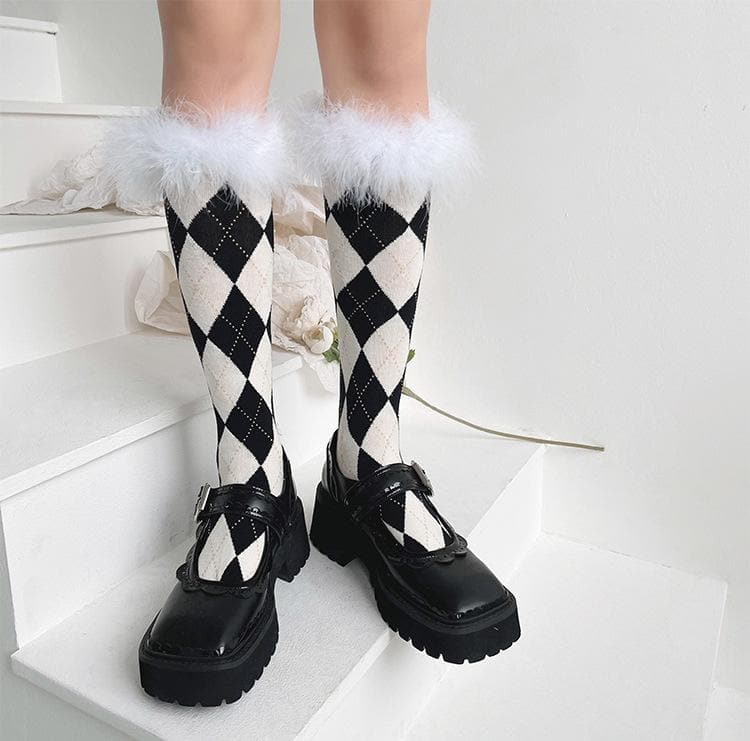 Cozy Chic Argyle Knee-High Socks with Faux Feather Trim | Fall & Holiday Style
