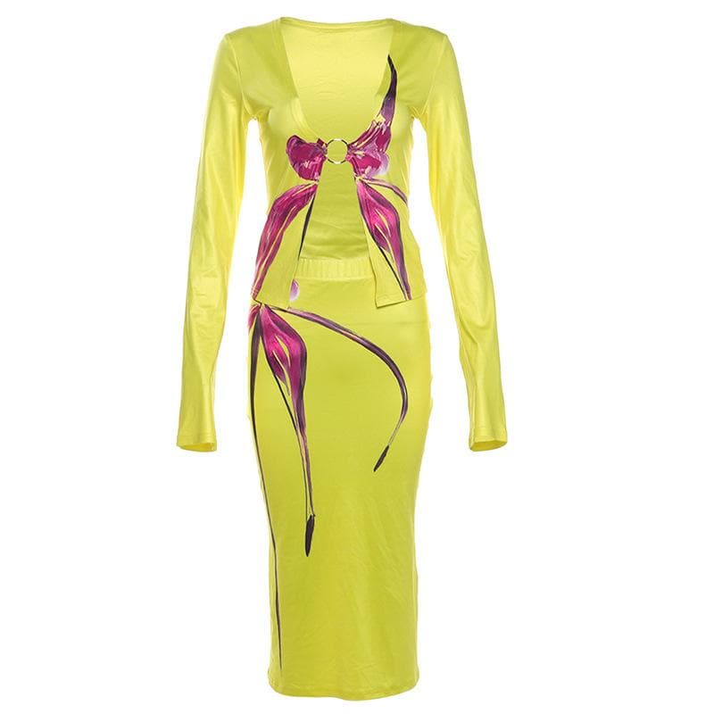 Lime Green Glow-Up: O-Ring Long Sleeve Midi Skirt Set – Your Fall & Holiday Statement Piece