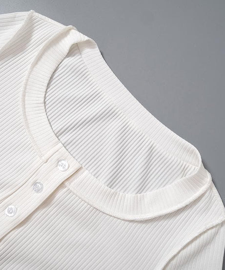 Cozy Chic White Ribbed Henley Crop Top | Long Sleeve Fall Essential for Women