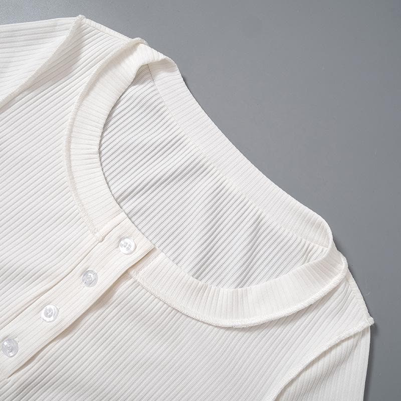 Cozy Chic White Ribbed Henley Crop Top | Long Sleeve Fall Essential for Women