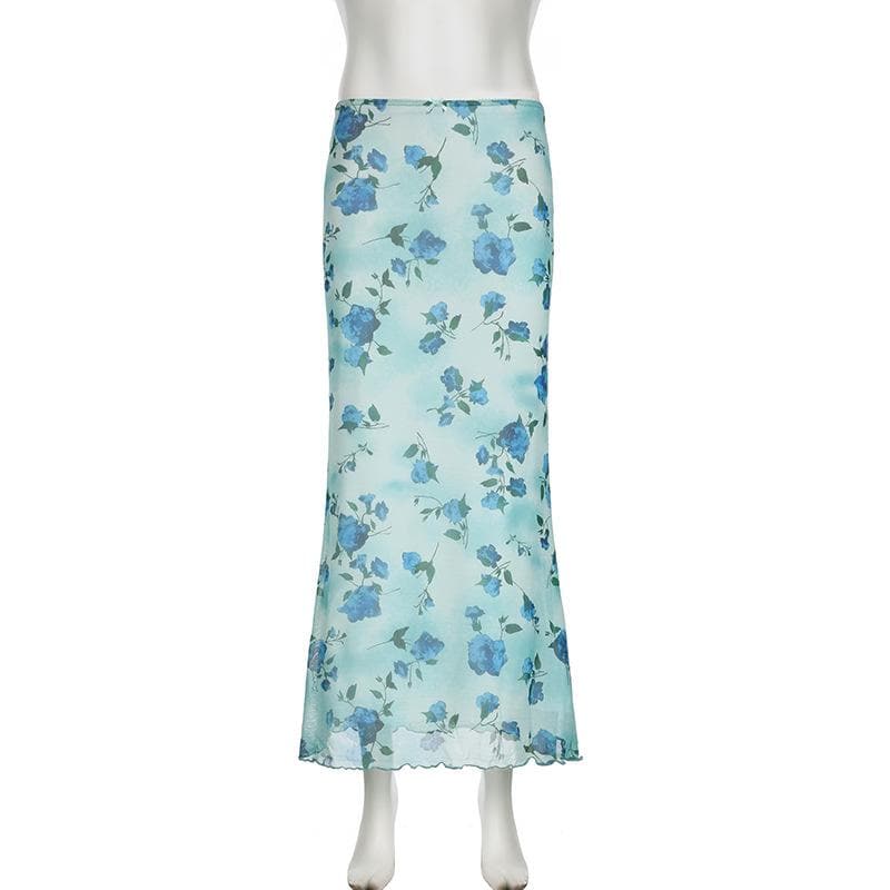 Effortless Blue Floral Mesh Maxi Skirt with Bowknot – Y2K Boho Chic for Fall & Holidays