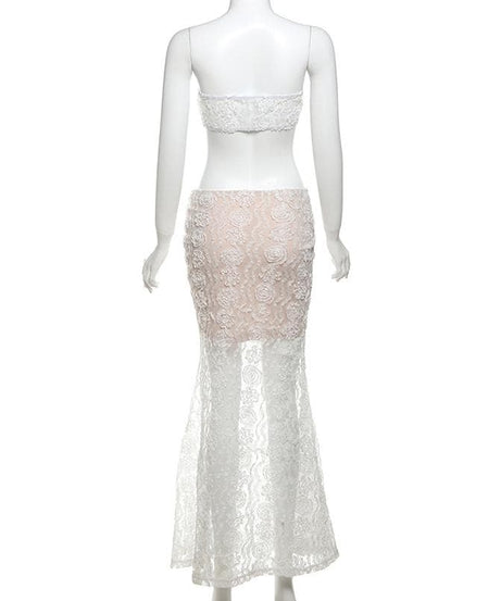 Elegant Floral Lace Two-Piece Set: Bandeau Top & Mermaid Maxi Skirt – Holiday & Wedding Guest Ready