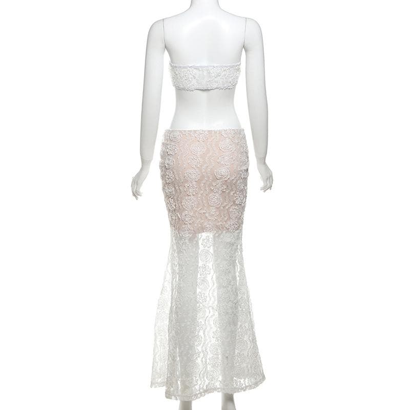 Elegant Floral Lace Two-Piece Set: Bandeau Top & Mermaid Maxi Skirt – Holiday & Wedding Guest Ready