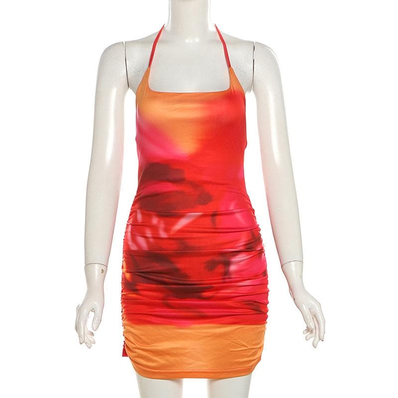Vibrant Sunset Ombre Halter Mini Dress - Chic Ruched Bodycon for Fall Parties & Getaways