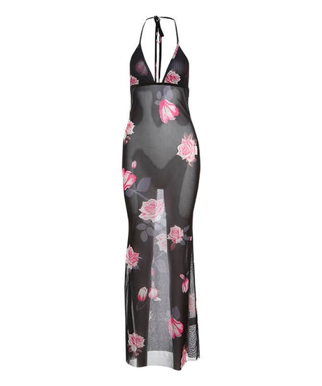 Floral Fantasy Sheer Mesh Halter Maxi Dress - Glamorous Nights Out