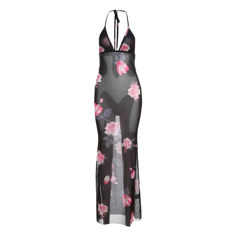 Floral Fantasy Sheer Mesh Halter Maxi Dress - Glamorous Nights Out