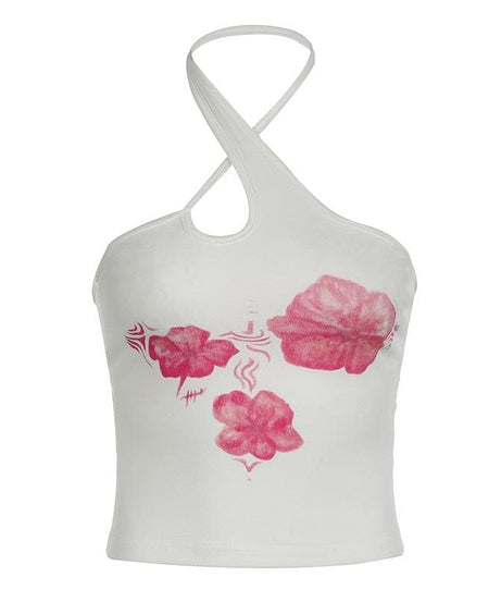 Chic Pink Floral Halter Crop Top – Trendy Cutout Tank for Resort & Late Summer Vibes