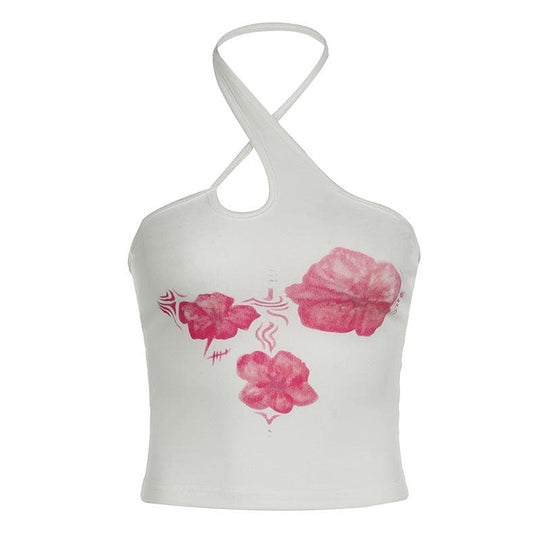 Chic Pink Floral Halter Crop Top – Trendy Cutout Tank for Resort & Late Summer Vibes